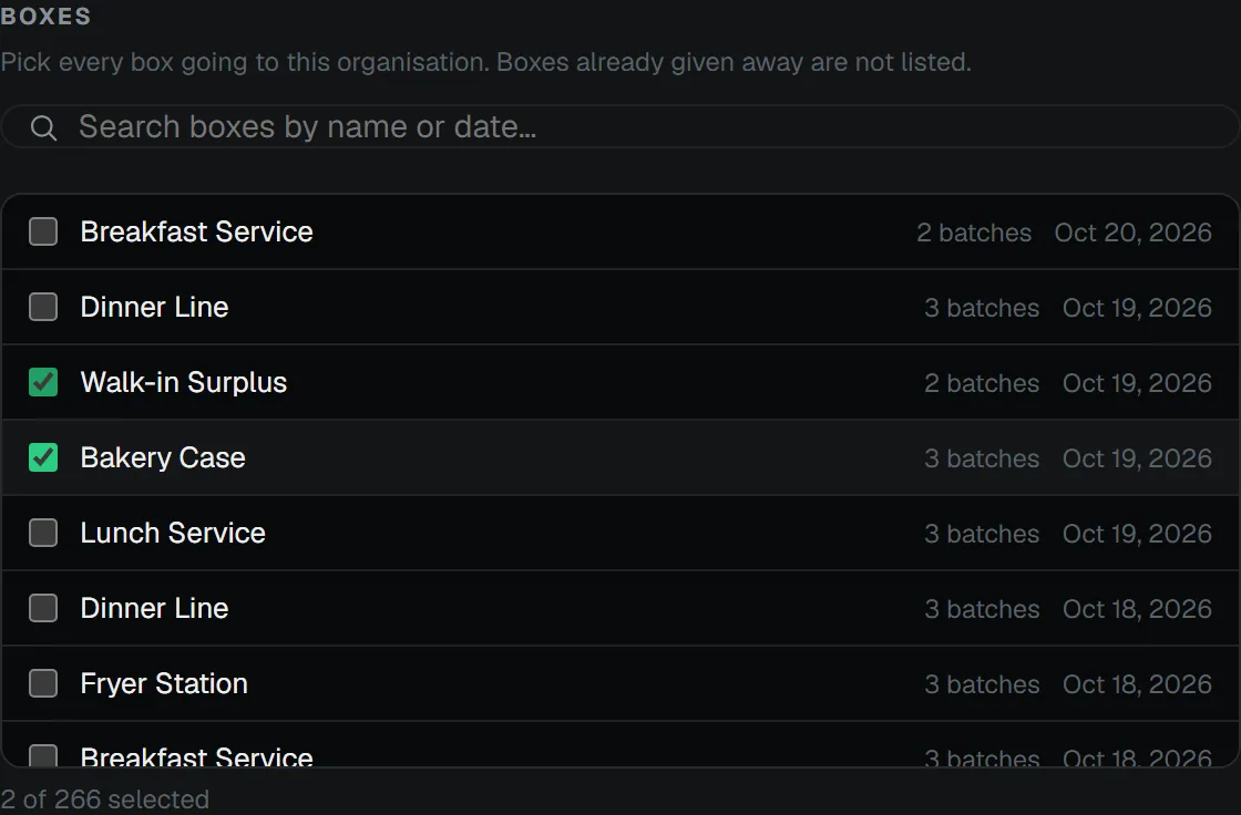 Close-up of the RMS box picker with two closed boxes ticked for donation, each showing its batch count and date