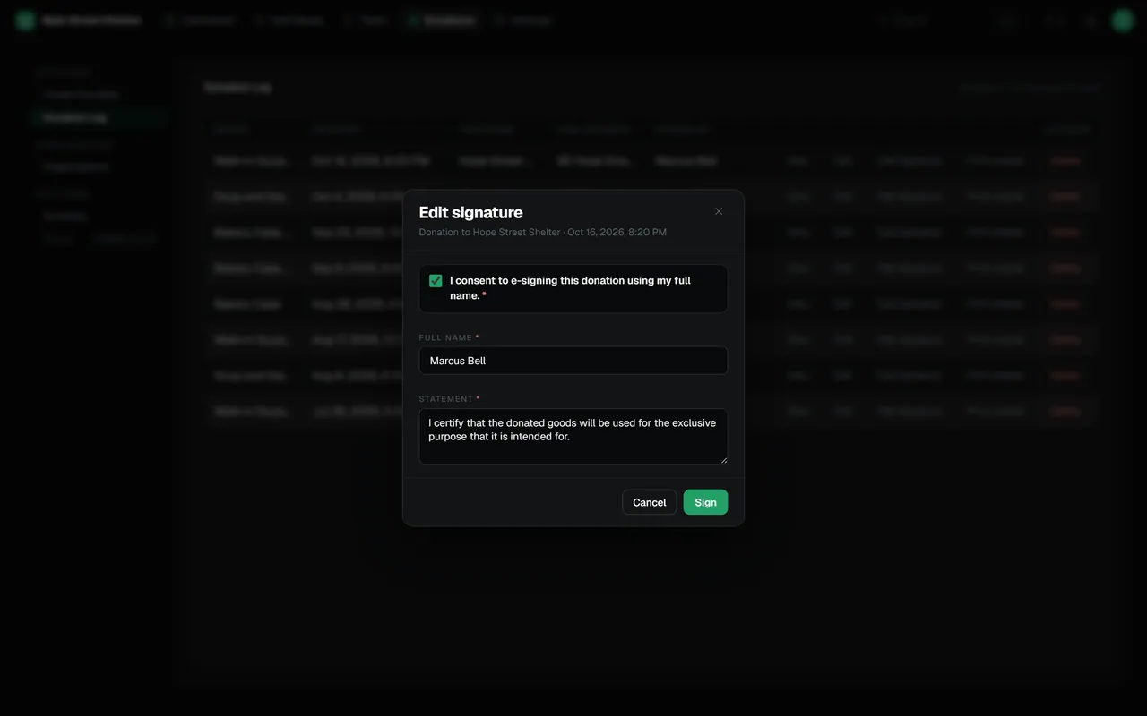 RMS e-signature dialog for a donation, with the consent box ticked, the signer’s full name and the signed statement