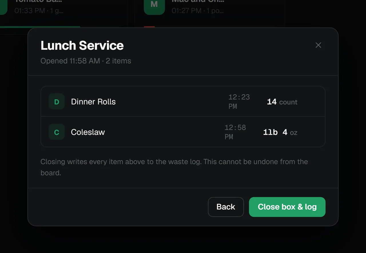 An open box in the RMS listing its batches, times and quantities, with a Close box & log button
