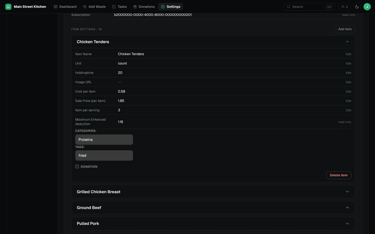 RMS item settings for Chicken Tenders: unit, holding time, cost per item, sale price, items per serving, maximum enhanced deduction, categories and tags